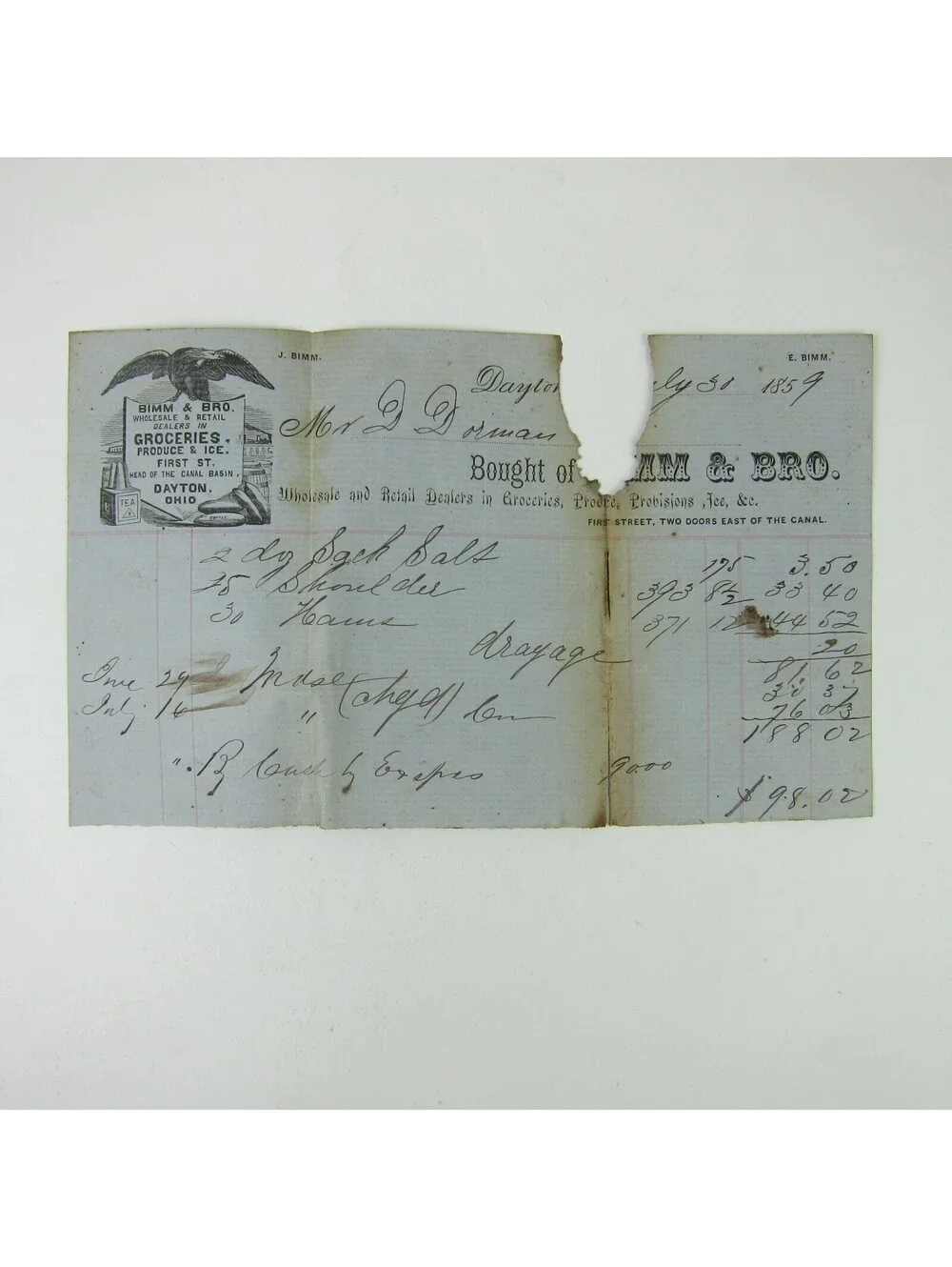 Bimm & Bro Wholesale Groceries Produce & Ice Dayton Ohio Invoice Antique 1859